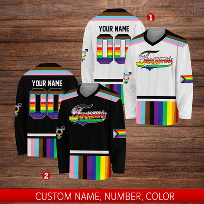 Front detail view 4 of white lgbtq+ pride hockey jersey