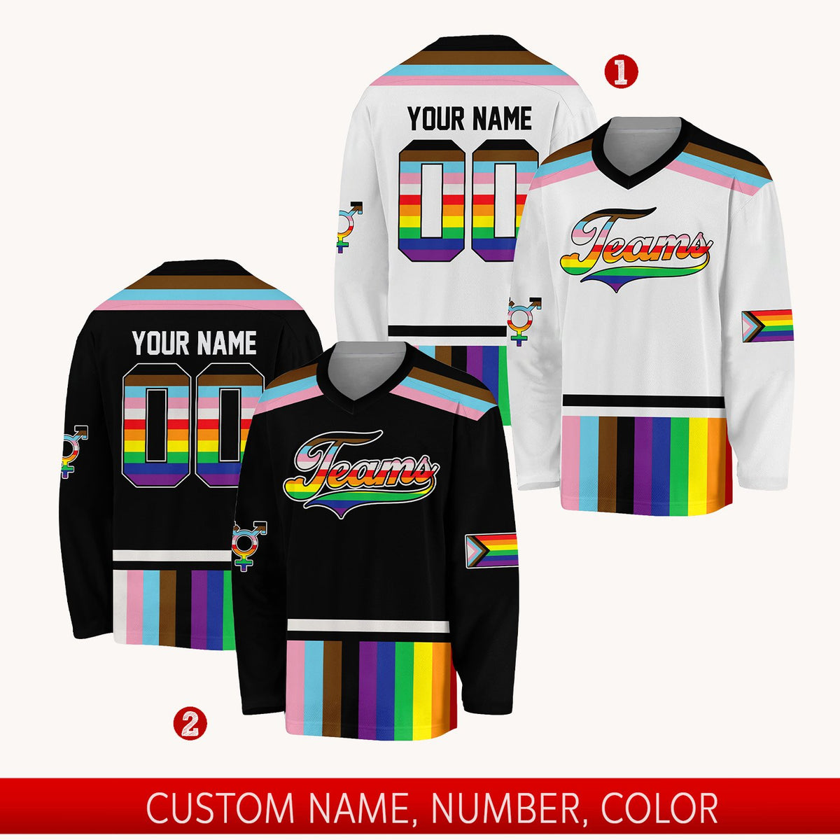 Front view of personalized white lgbtq+ pride hockey jersey