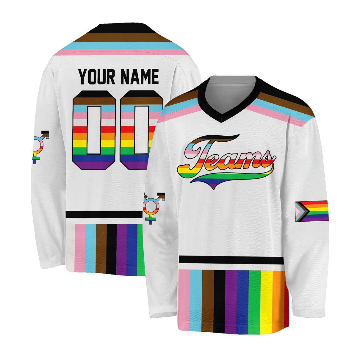 Personalized white lgbtq+ pride hockey jersey with custom name and number, main view