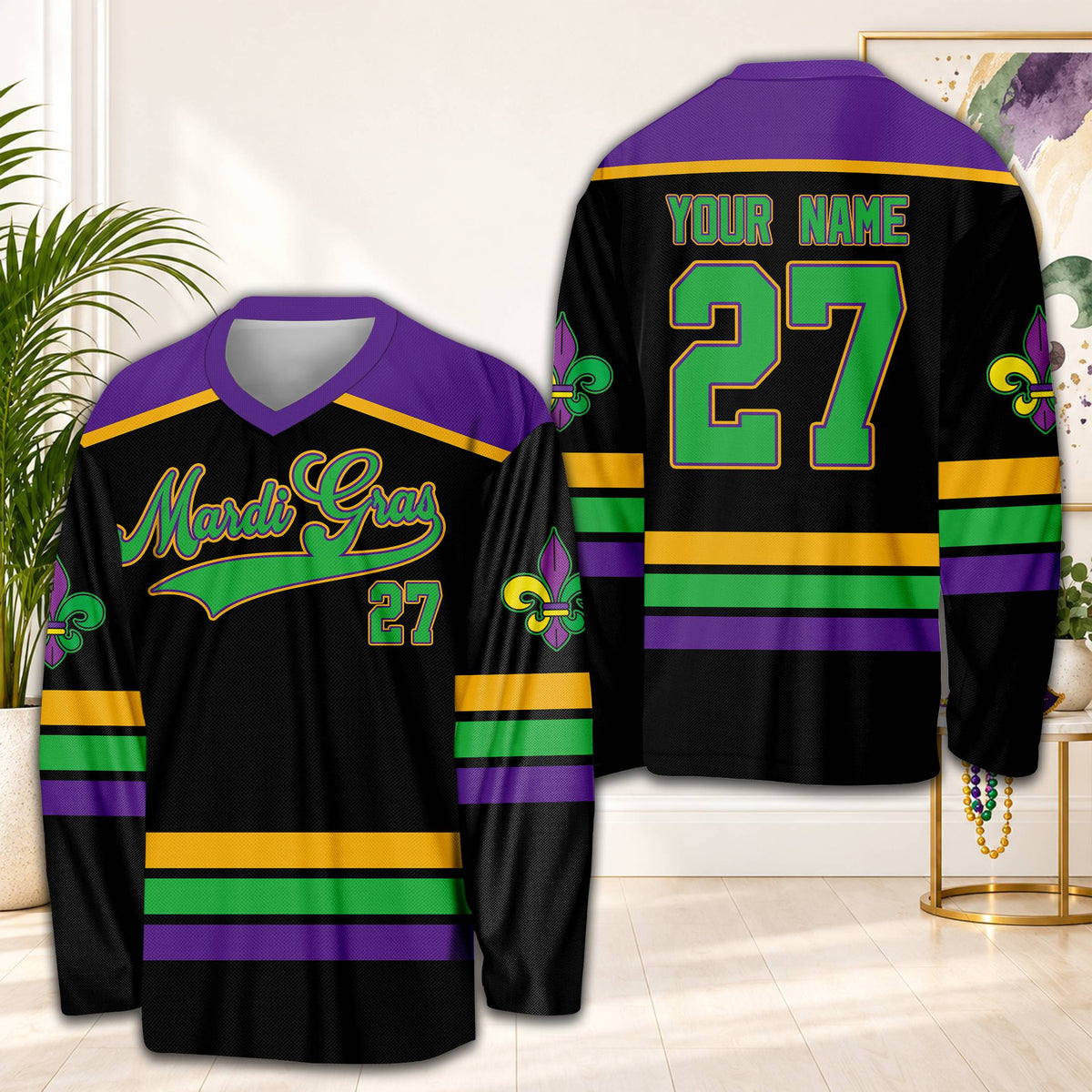Black personalized hockey jersey featuring Mardi Gras script, front view