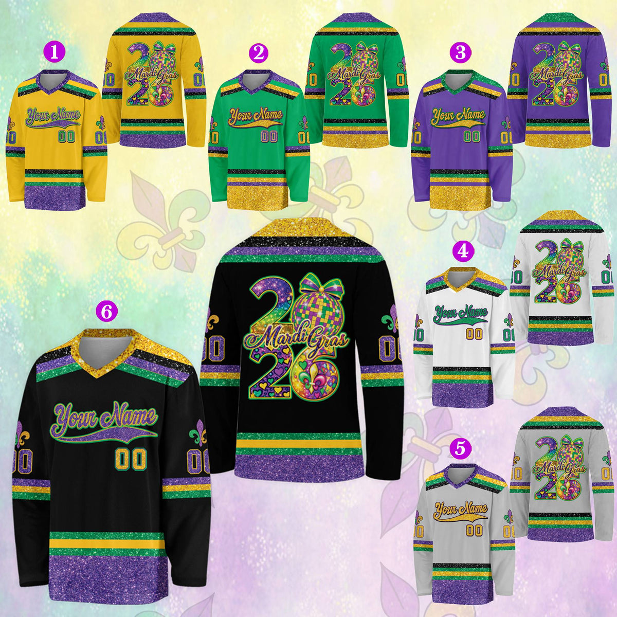 Front angle view of personalized Mardi Gras hockey jersey