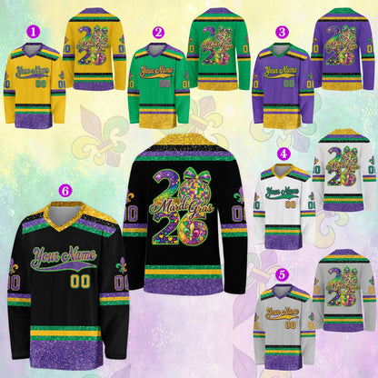 Front angle view of personalized Mardi Gras hockey jersey
