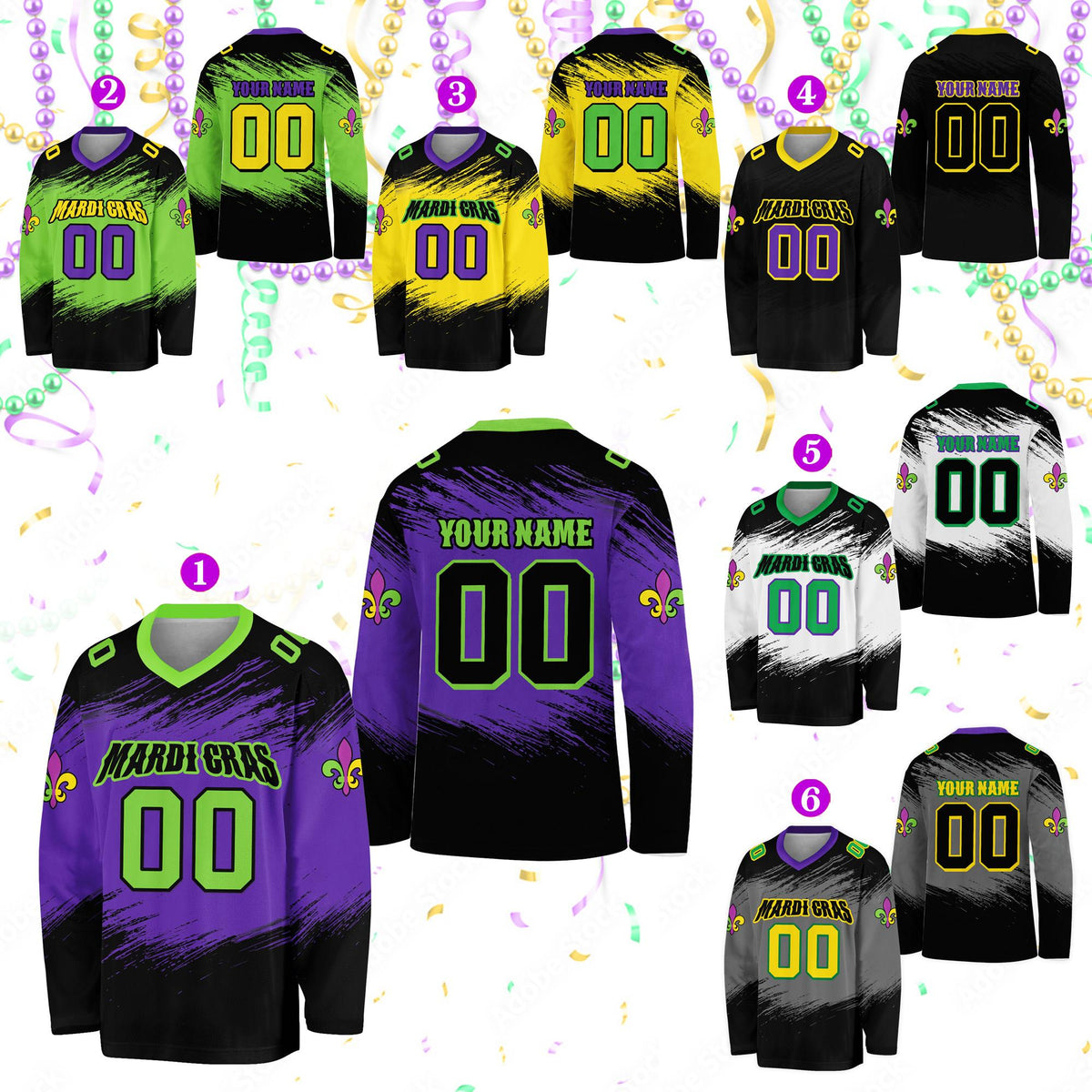 Detailed front view of the Mardi Gras lettering on the black hockey jersey