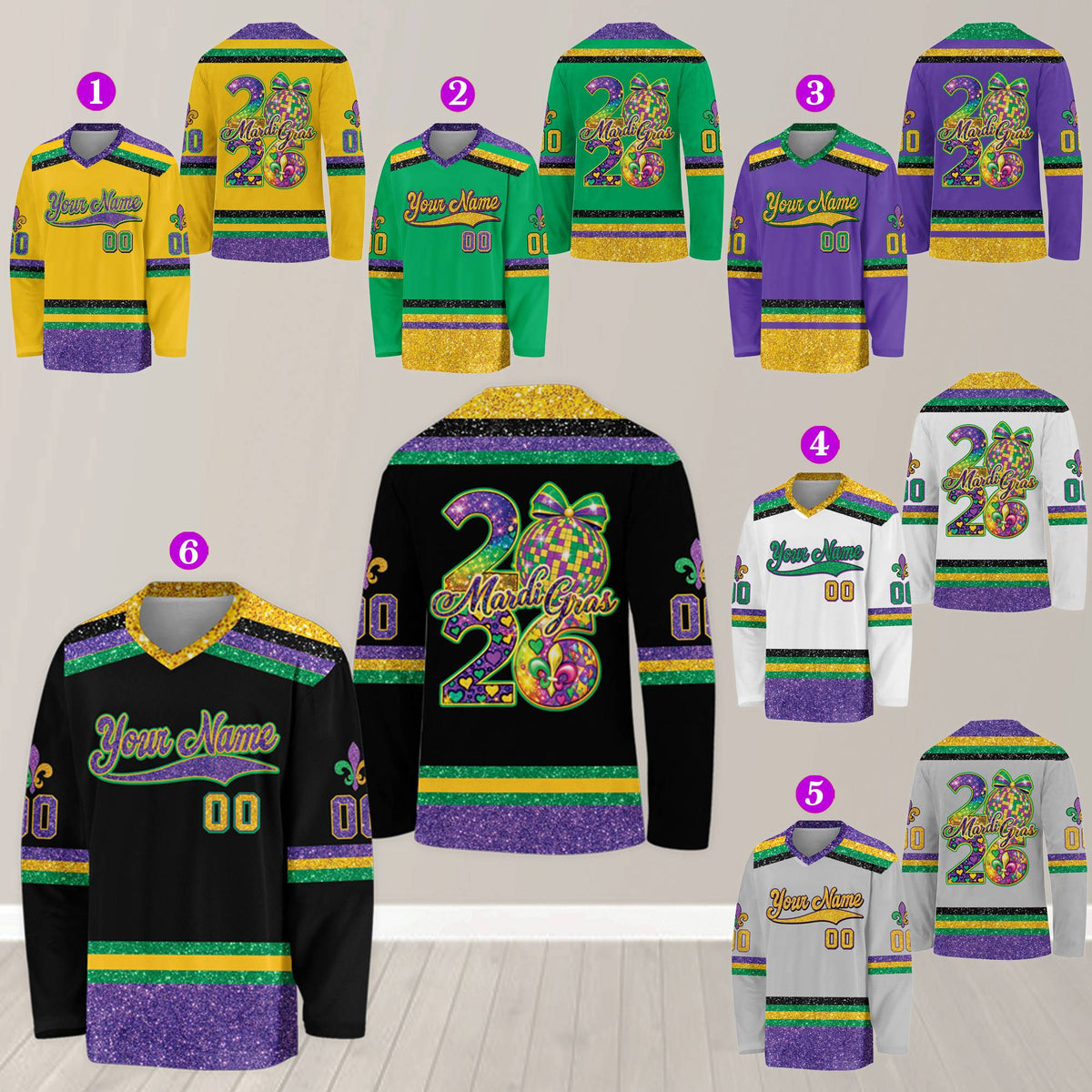 Another front angle view of custom Mardi Gras hockey jersey