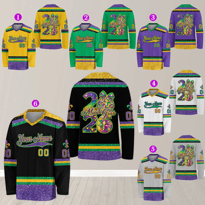 Another front angle view of custom Mardi Gras hockey jersey