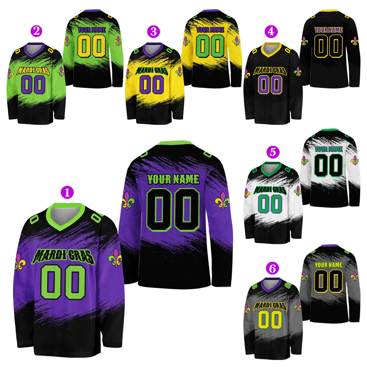 Front view of the Mardi Gras custom hockey jersey showing fleur-de-lis motifs