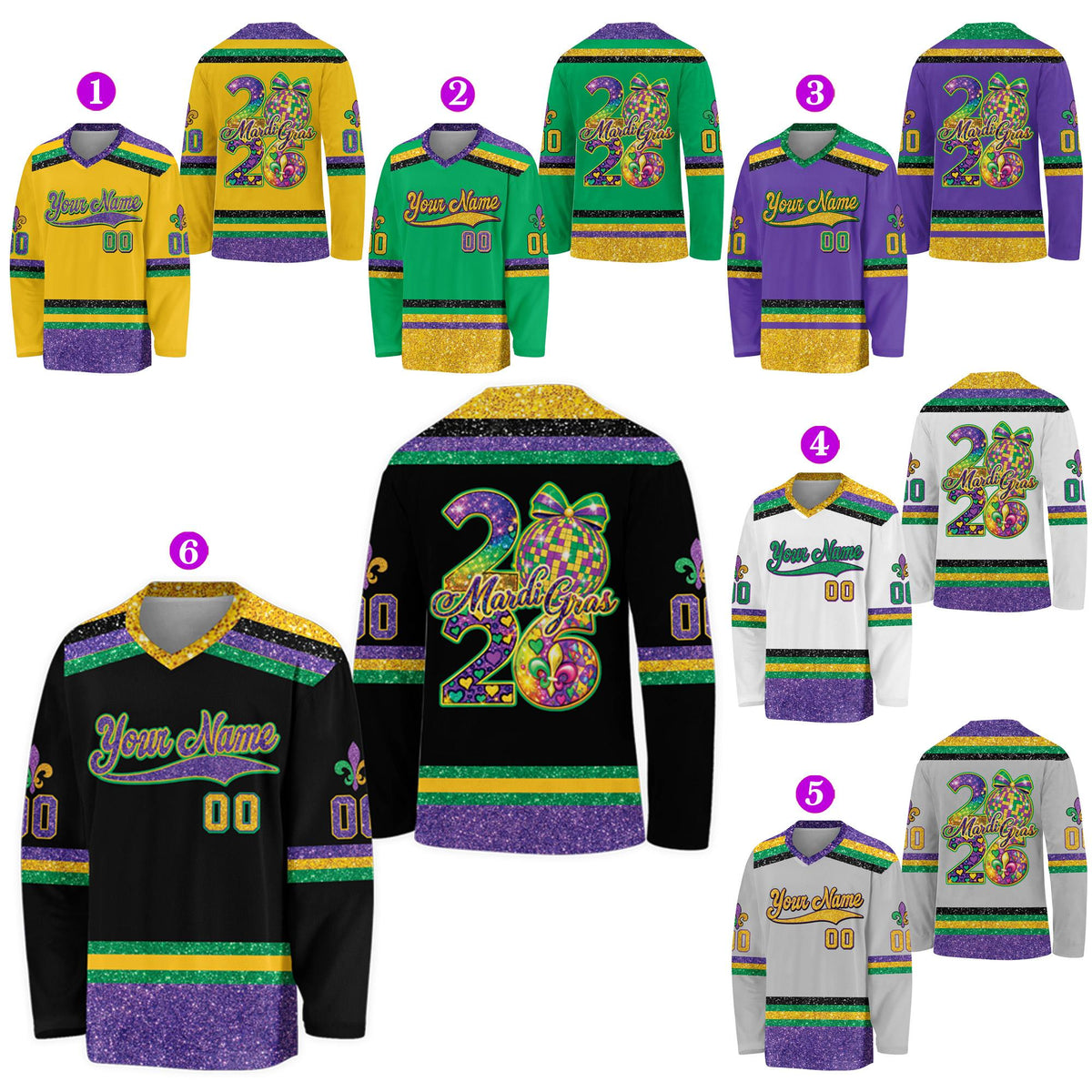 Front view of purple mardi hockey jersey with custom name and number