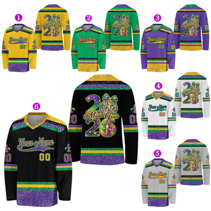 Front view of purple mardi hockey jersey with custom name and number