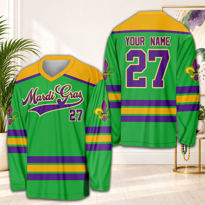 Green personalized hockey jersey featuring Mardi Gras script, front view
