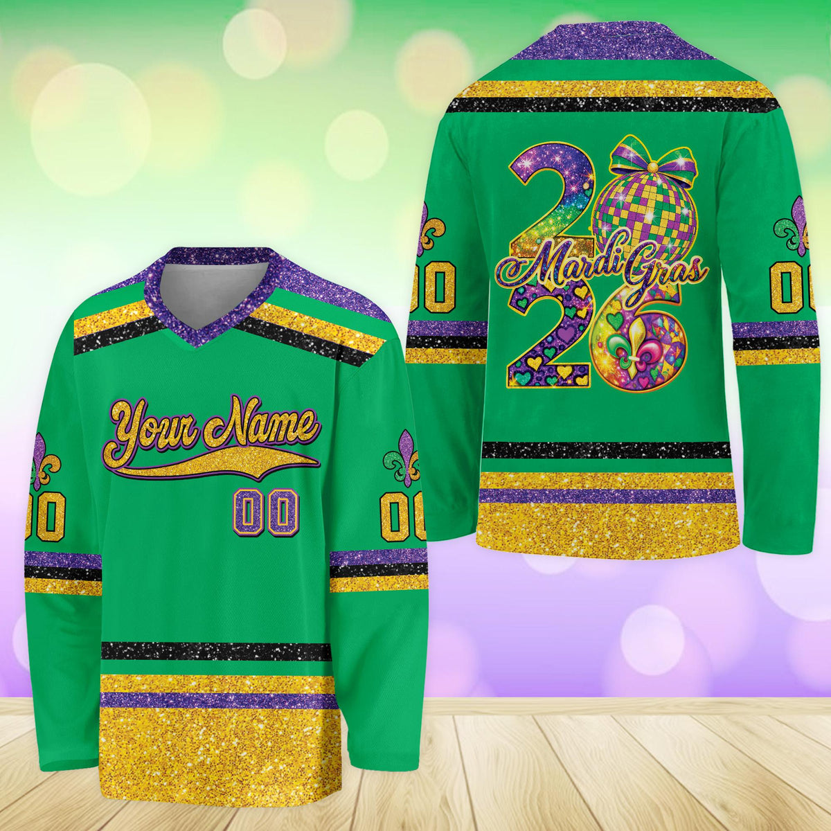 Green accent purple mardi hockey jersey front view 8