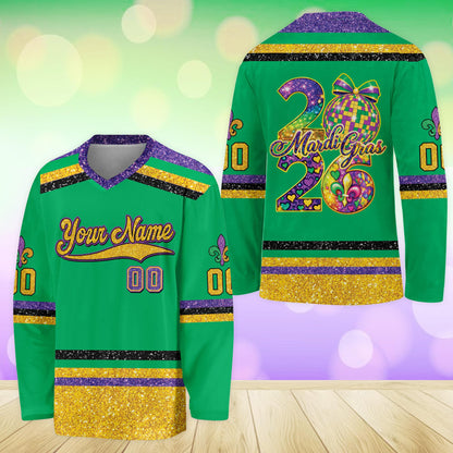 Green accent purple mardi hockey jersey front view 8