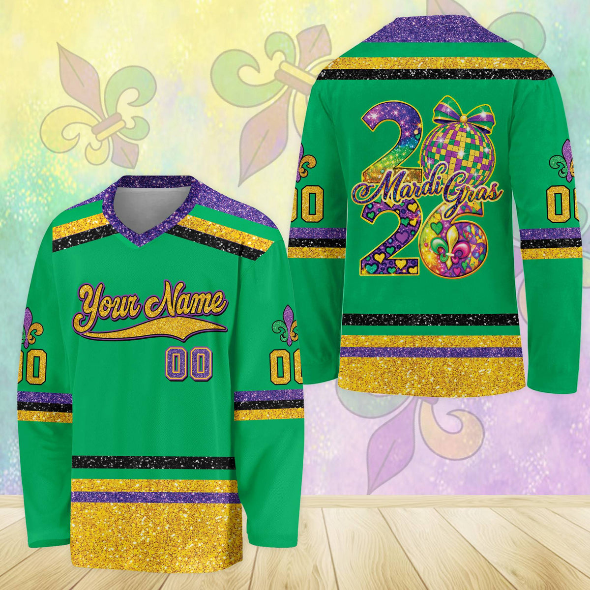 Green accent purple mardi hockey jersey front view 9