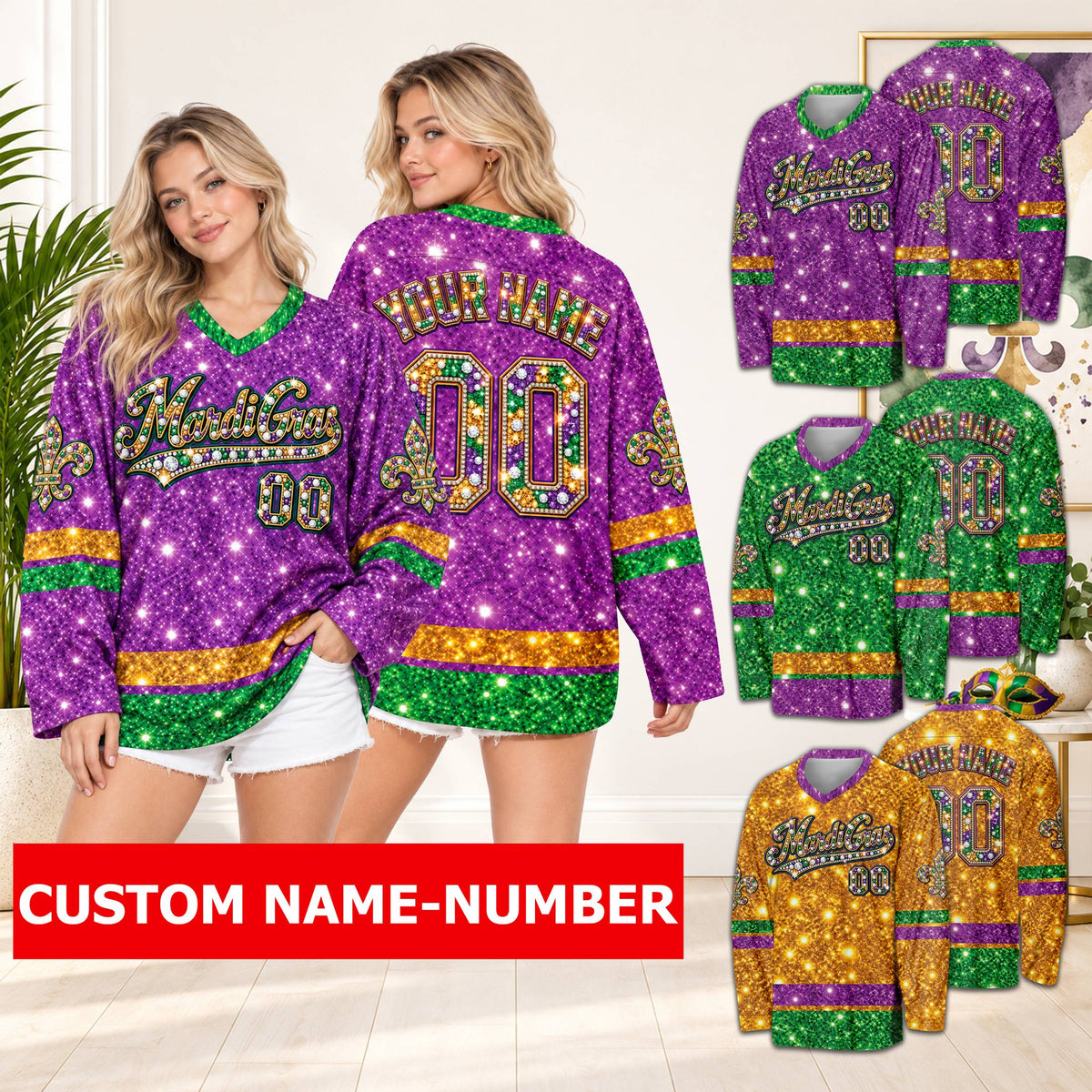 Lifestyle view of a person wearing the custom Mardi Gras hockey jersey
