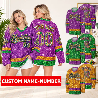 Lifestyle view of a person wearing the custom Mardi Gras hockey jersey