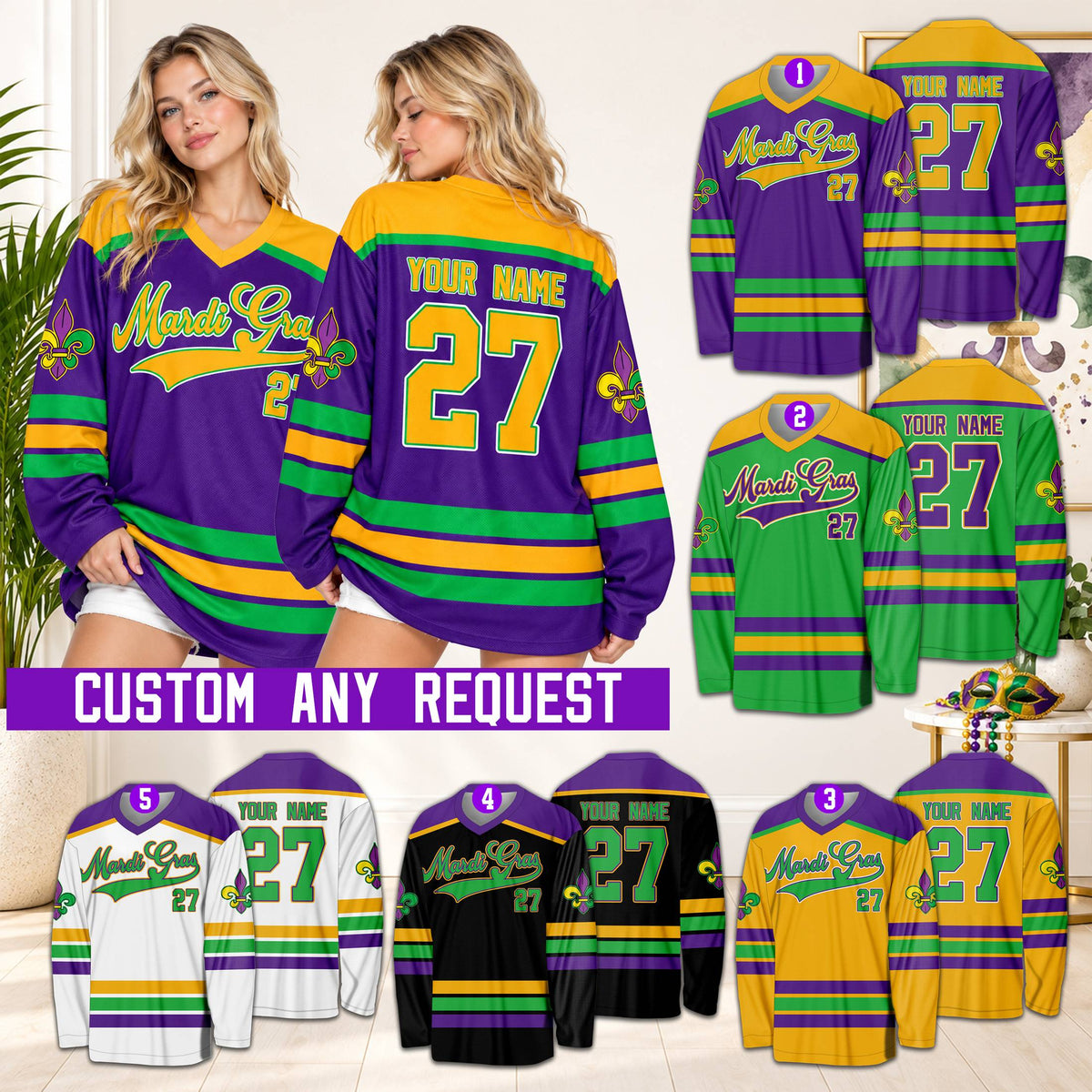 Lifestyle view of someone wearing a personalized Mardi Gras hockey jersey