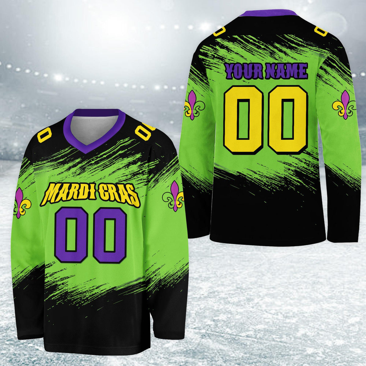 Complete front view of the black mardi hockey jersey