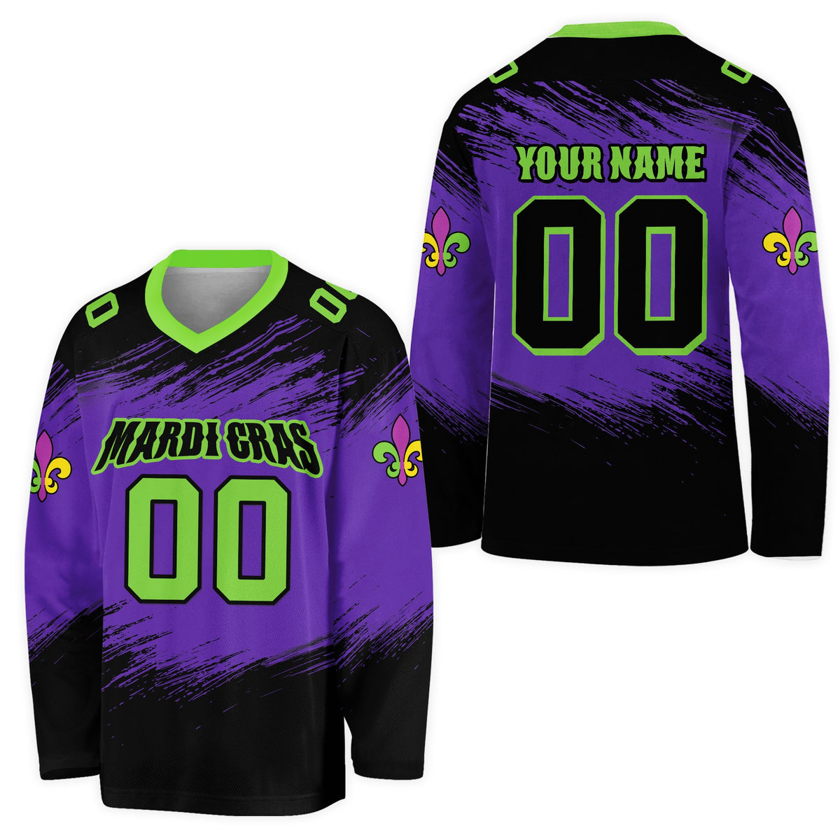 Main view of the personalized black mardi hockey jersey featuring purple, green, and yellow abstract patterns