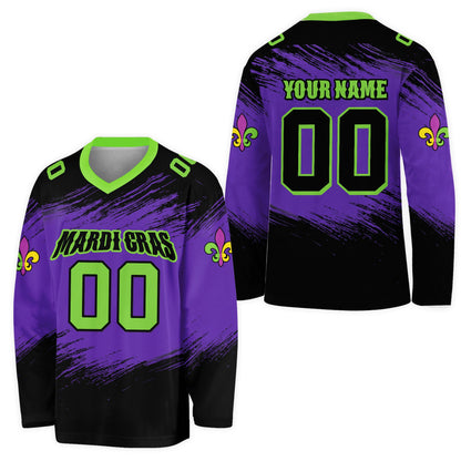 Main view of the personalized black mardi hockey jersey featuring purple, green, and yellow abstract patterns
