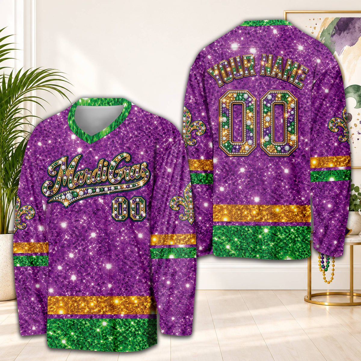 Front view of the personalized Mardi hockey jersey in purple with jeweled font