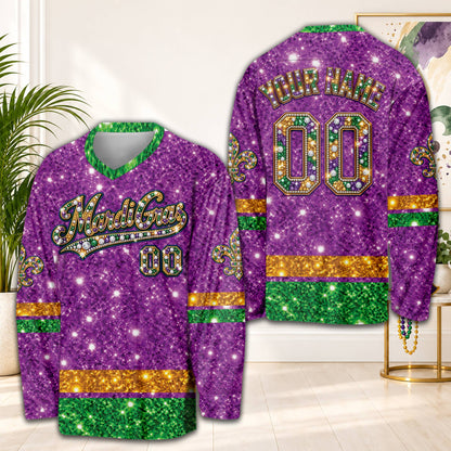 Front view of the personalized Mardi hockey jersey in purple with jeweled font