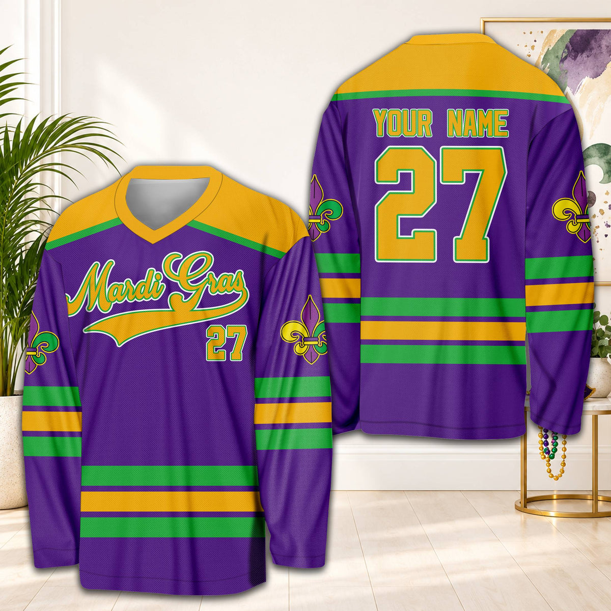 Purple personalized hockey jersey featuring Mardi Gras script, front view