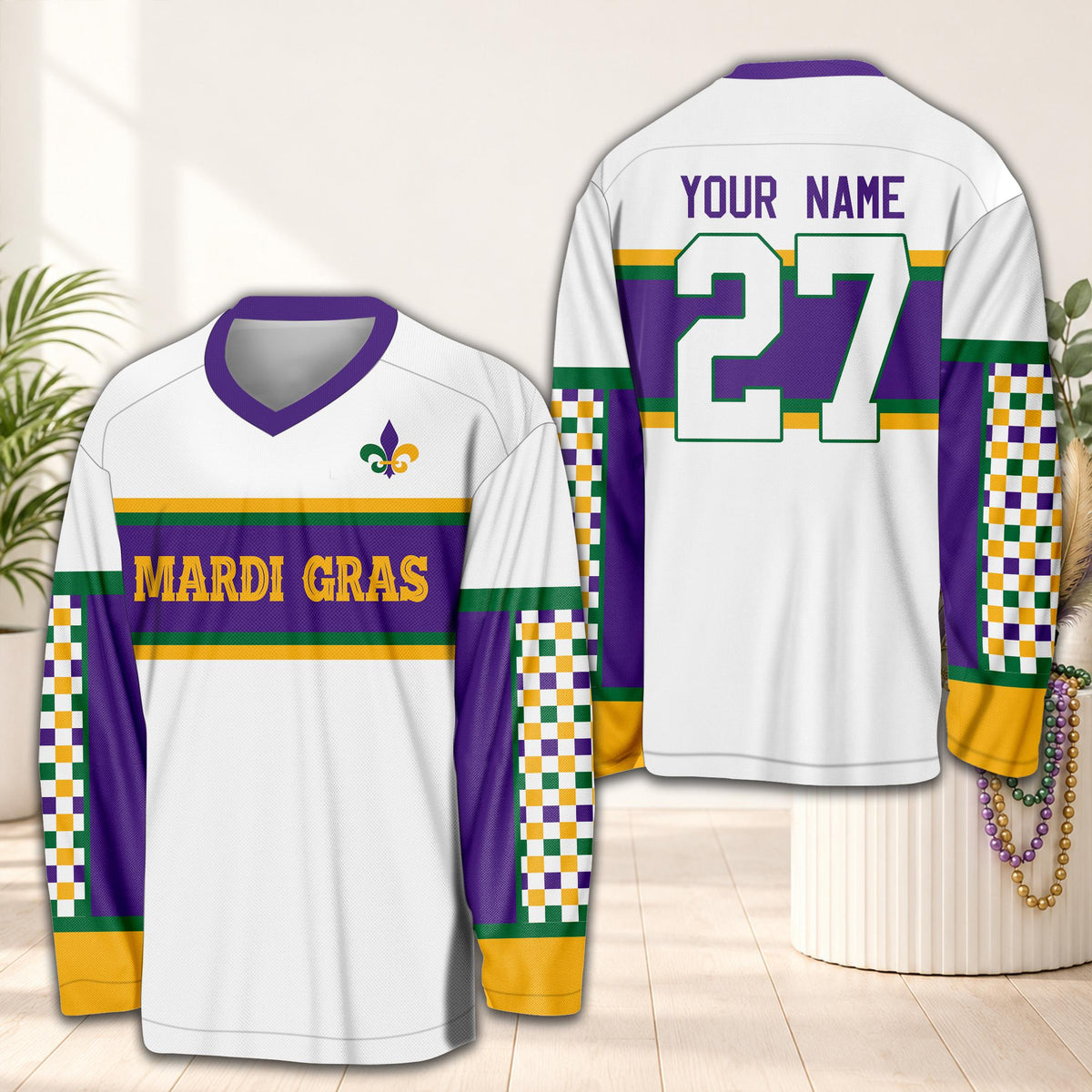 Personalized white mardi hockey jersey with custom name and number and purple, green, and gold stripes, front view
