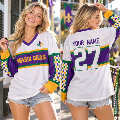 Adult wearing the personalized custom hockey jersey with Mardi Gras design outdoors, lifestyle view