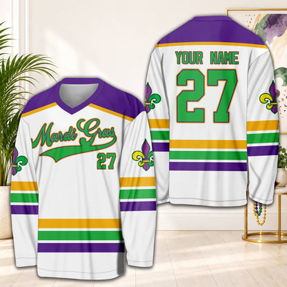 White personalized hockey jersey featuring Mardi Gras script, front view