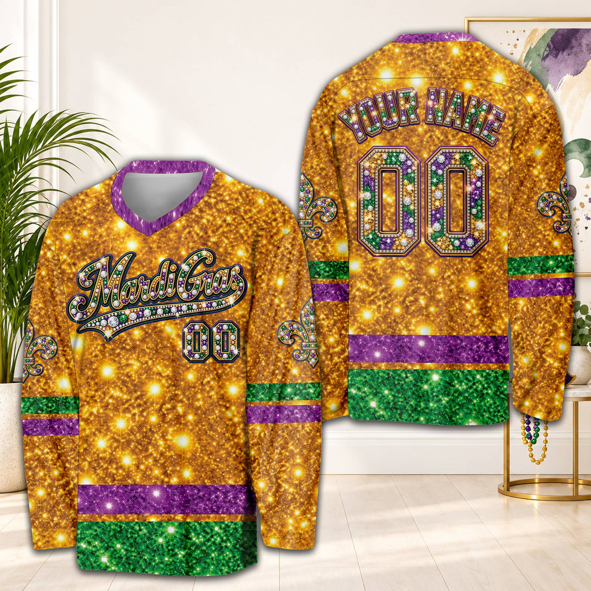 Front view of the personalized Mardi hockey jersey in yellow with fleur-de-lis accents