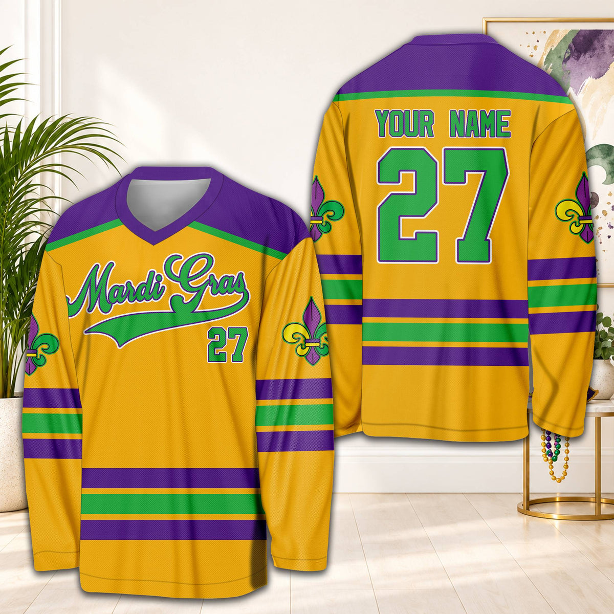 Yellow personalized hockey jersey featuring Mardi Gras script and custom name and number, front view
