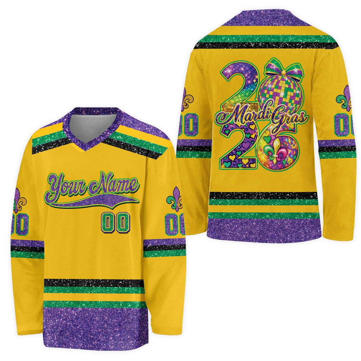 Yellow accent purple mardi hockey jersey front view 5
