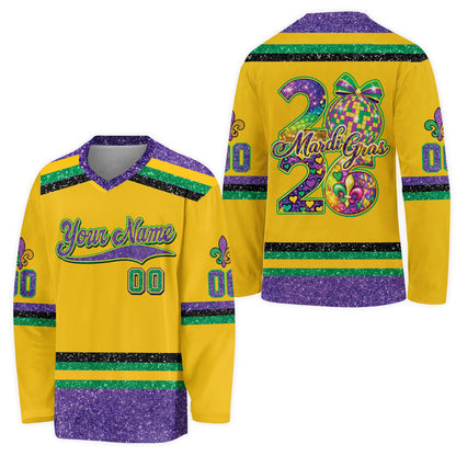 Yellow accent purple mardi hockey jersey front view 5