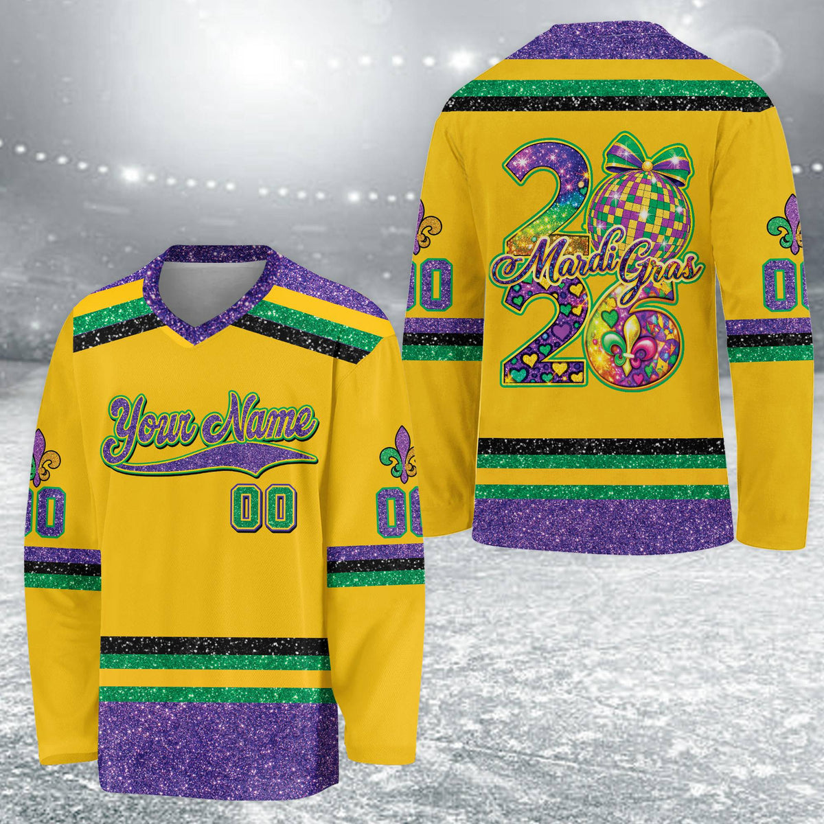 Yellow accent purple mardi hockey jersey front view 6