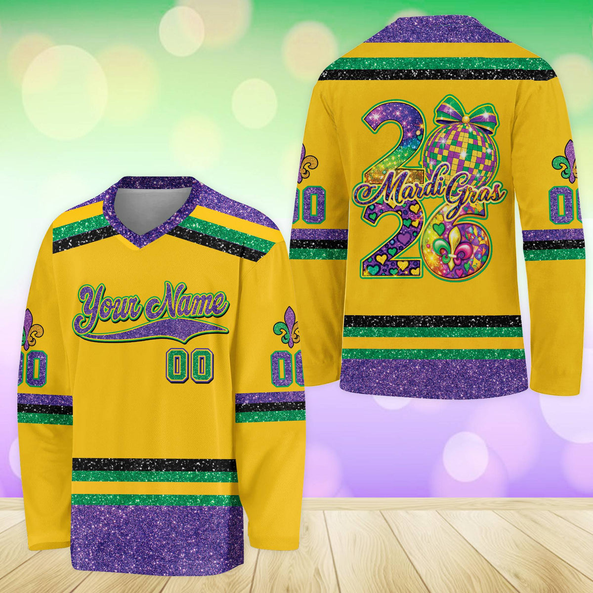 Yellow accent purple mardi hockey jersey front view 7