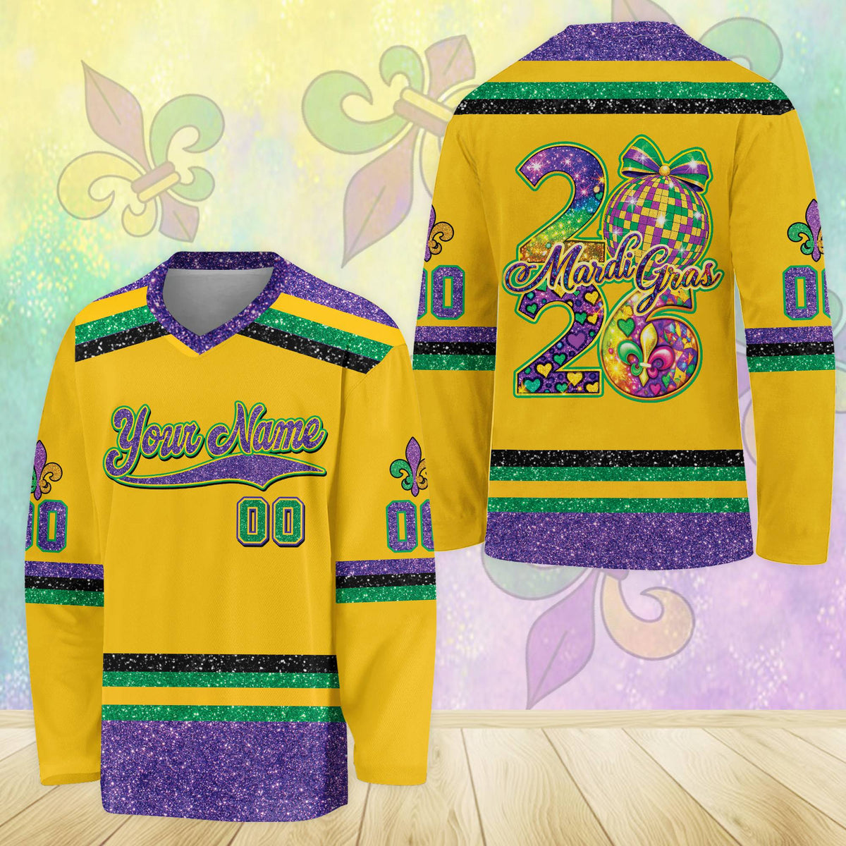 Purple mardi hockey jersey with custom name and number on front, yellow accent