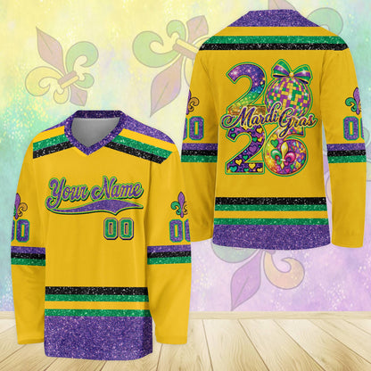 Purple mardi hockey jersey with custom name and number on front, yellow accent