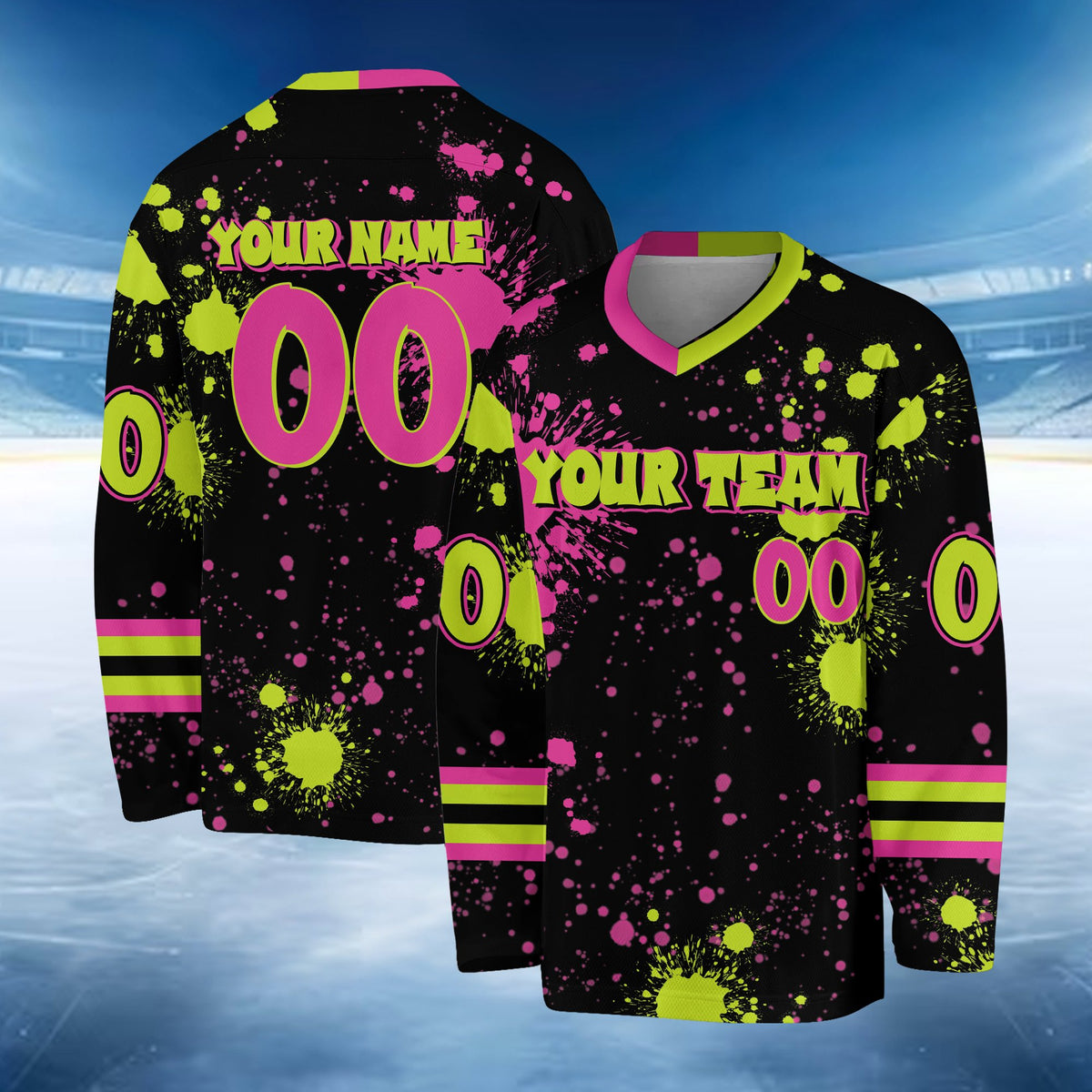Front view of a personalized black paint splatter hockey jersey