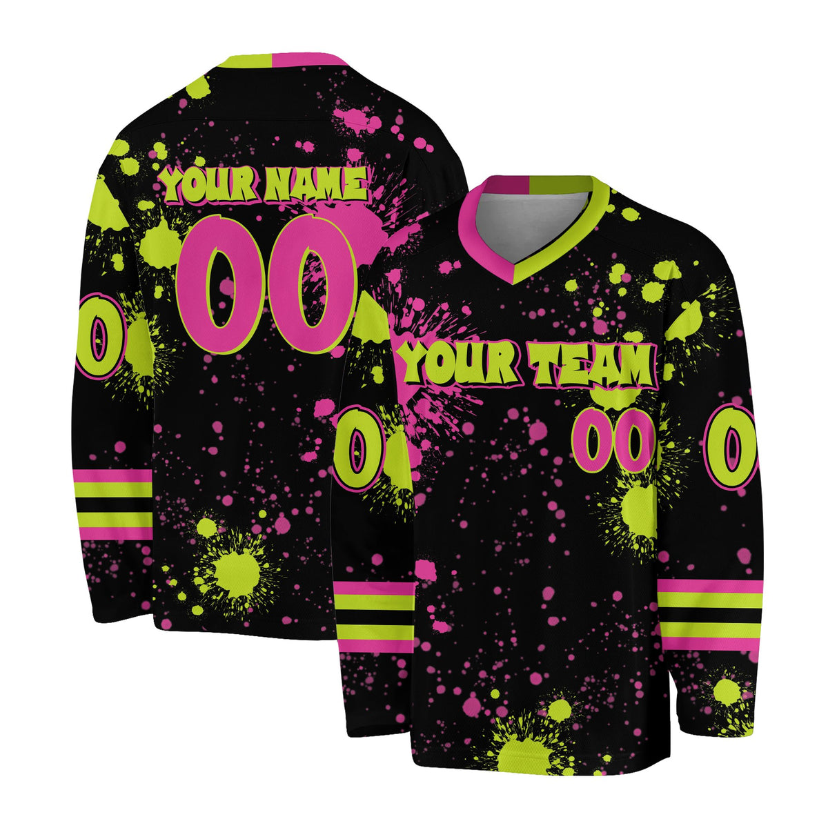 Alternate front view of a personalized black paint splatter hockey jersey