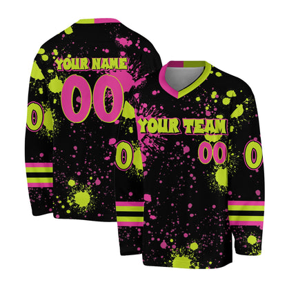 Alternate front view of a personalized black paint splatter hockey jersey