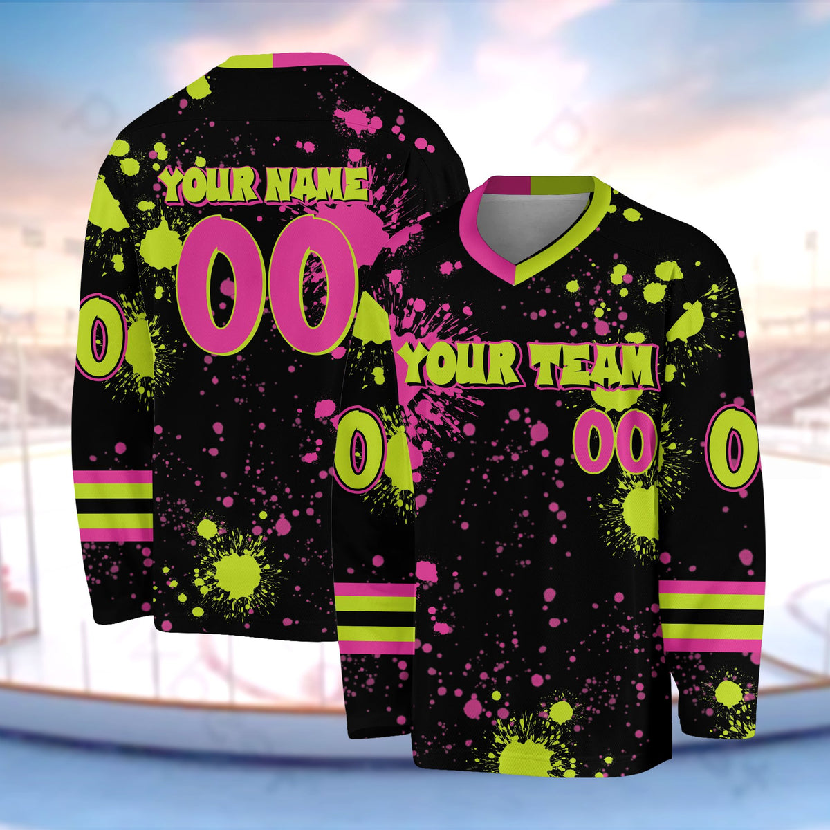 Additional front view of a black paint splatter custom hockey jersey