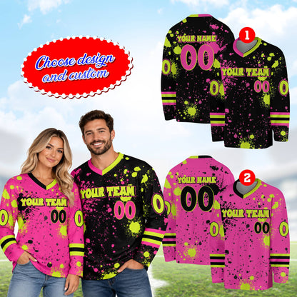 Front view of a personalized multicolor paint splatter hockey jersey