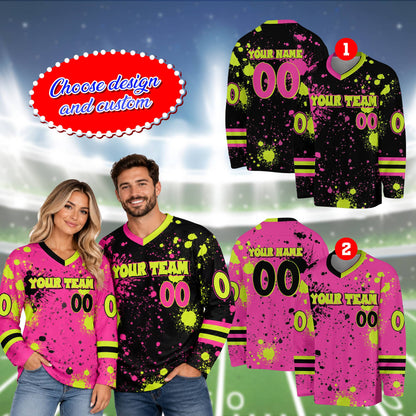 Alternate side view of the multicolor paint splatter hockey jersey