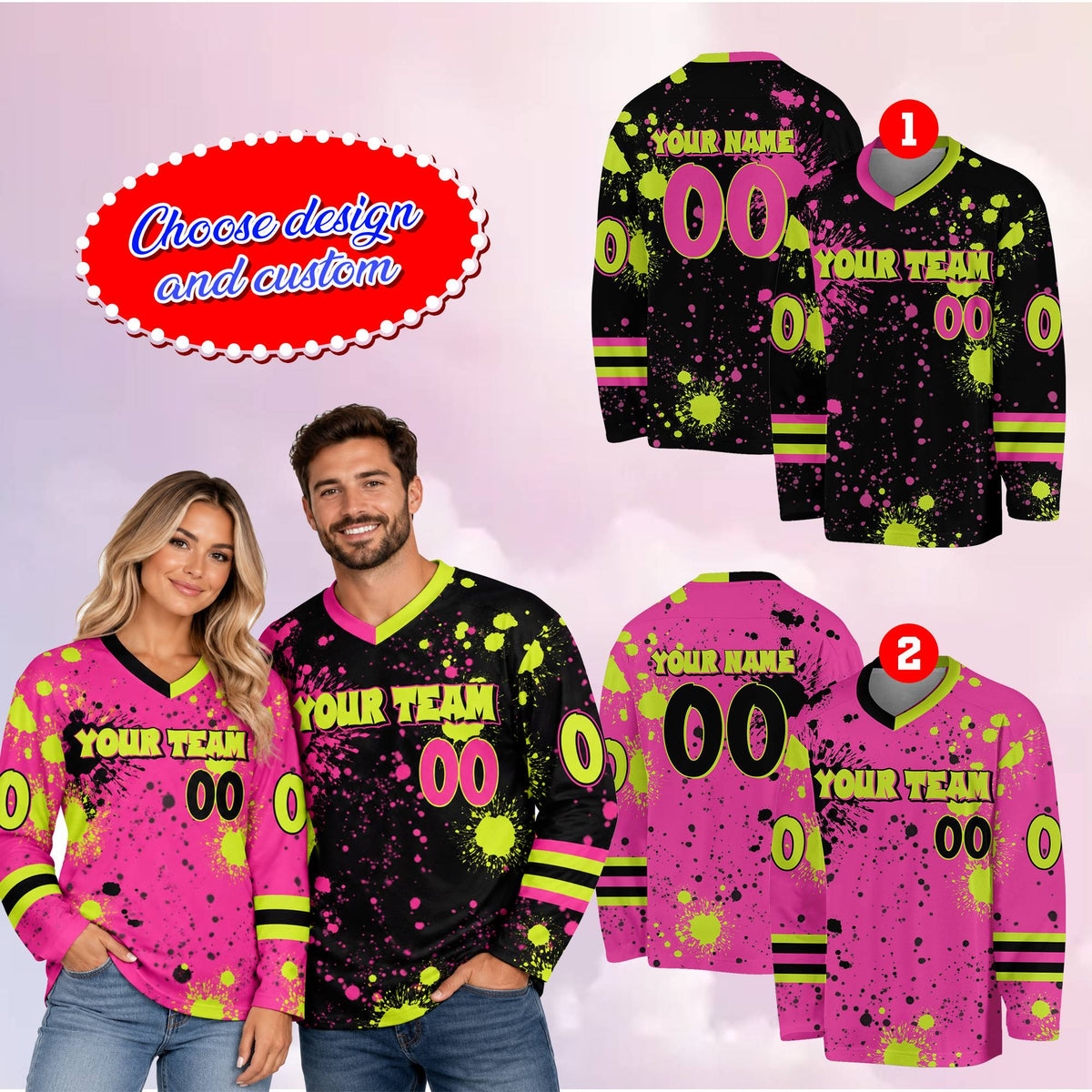 Side view of a personalized multicolor paint splatter hockey jersey