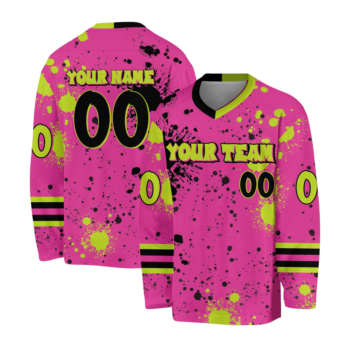 Front display of a pink paint splatter hockey jersey