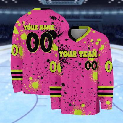 Alternate front display of a personalized pink paint splatter hockey jersey