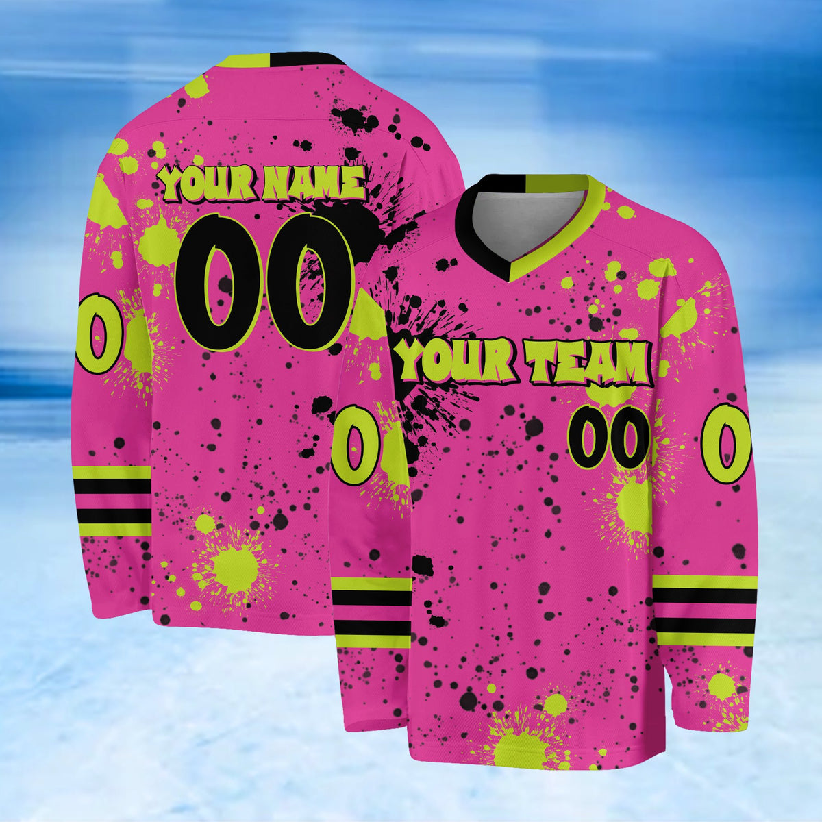 Main view of a personalized pink paint splatter hockey jersey with custom name and number