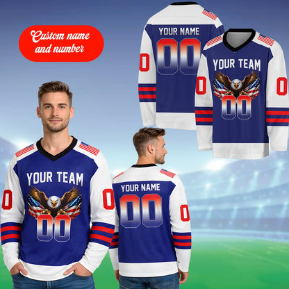 Navy patriotic hockey jersey with custom name and number and bald eagle design, front view