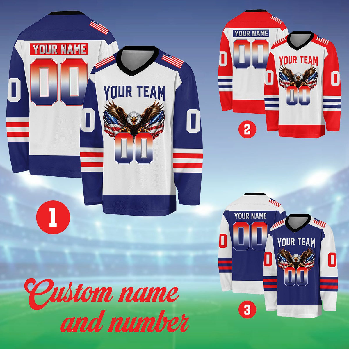 Navy patriotic hockey jersey showing detailed eagle and flag design, alternate view