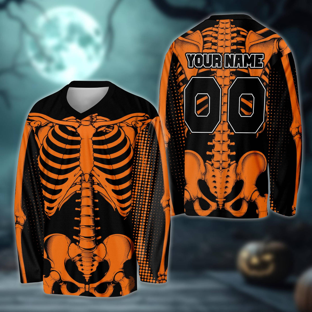 Front view of the black and orange skeleton hockey jersey