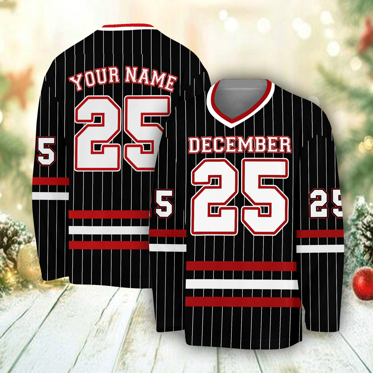 Third back view showing custom name and number on black hockey jersey